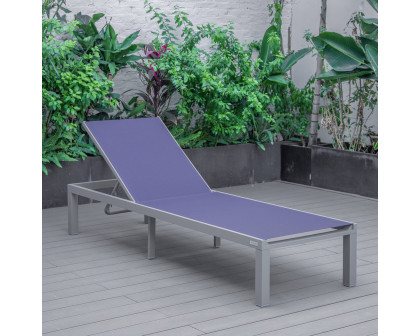 LeisureMod Marlin Patio Chaise Lounge Chair With Gray Aluminum Frame - Navy Blue