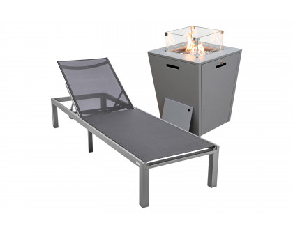 LeisureMod Marlin Modern Black Aluminum Outdoor Patio Chaise Lounge Chair with Square Fire Pit Side Table