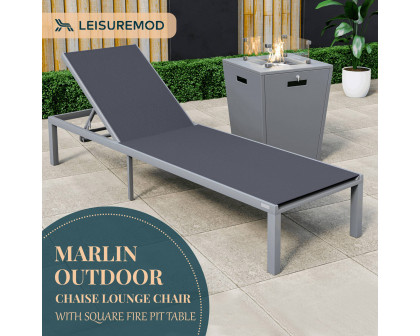 LeisureMod Marlin Modern Gray Aluminum Outdoor Patio Chaise Lounge Chair with Square Fire Pit Side Table - Black