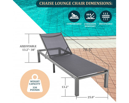 LeisureMod Marlin Modern Gray Aluminum Outdoor Patio Chaise Lounge Chair with Square Fire Pit Side Table - Black