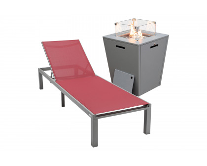 LeisureMod Marlin Modern Black Aluminum Outdoor Patio Chaise Lounge Chair with Square Fire Pit Side Table