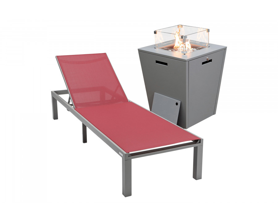 LeisureMod Marlin Modern Gray Aluminum Outdoor Patio Chaise Lounge Chair with Square Fire Pit Side Table - Burgundy