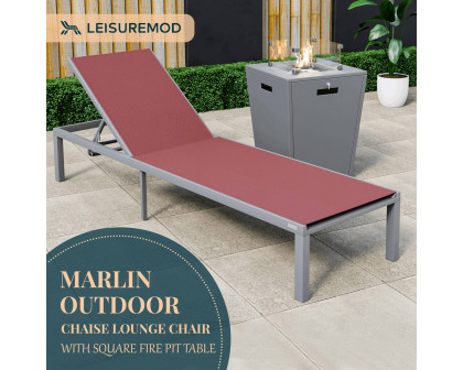 LeisureMod Marlin Modern Gray Aluminum Outdoor Patio Chaise Lounge Chair with Square Fire Pit Side Table - Burgundy