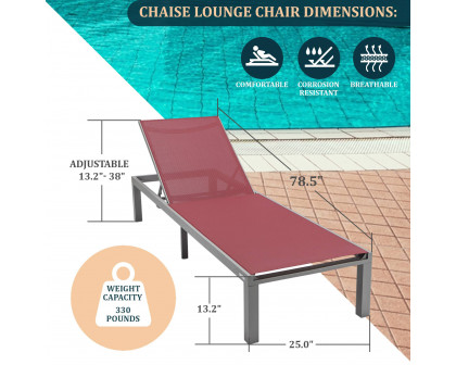 LeisureMod Marlin Modern Gray Aluminum Outdoor Patio Chaise Lounge Chair with Square Fire Pit Side Table - Burgundy