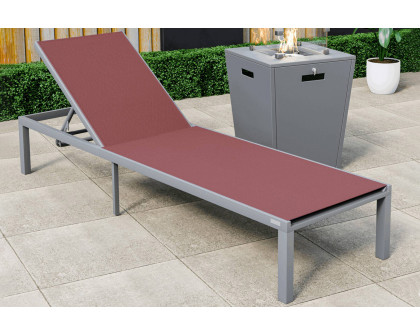 LeisureMod Marlin Modern Gray Aluminum Outdoor Patio Chaise Lounge Chair with Square Fire Pit Side Table - Burgundy