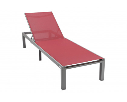 LeisureMod Marlin Modern Gray Aluminum Outdoor Patio Chaise Lounge Chair with Square Fire Pit Side Table - Burgundy