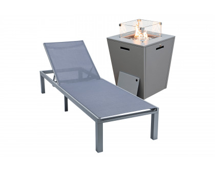 LeisureMod Marlin Modern Black Aluminum Outdoor Patio Chaise Lounge Chair with Square Fire Pit Side Table