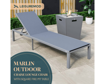 LeisureMod Marlin Modern Gray Aluminum Outdoor Patio Chaise Lounge Chair with Square Fire Pit Side Table - Dark Gray