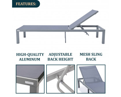 LeisureMod Marlin Modern Gray Aluminum Outdoor Patio Chaise Lounge Chair with Square Fire Pit Side Table - Dark Gray