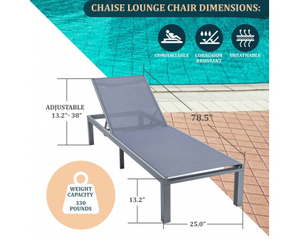 LeisureMod Marlin Modern Gray Aluminum Outdoor Patio Chaise Lounge Chair with Square Fire Pit Side Table - Dark Gray