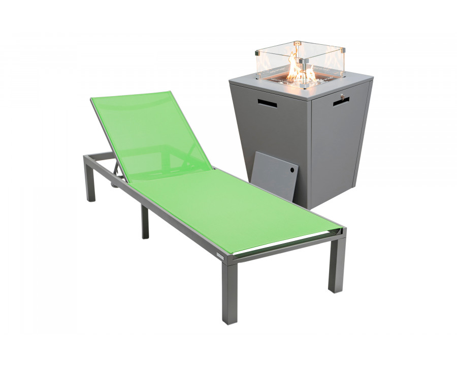 LeisureMod Marlin Modern Gray Aluminum Outdoor Patio Chaise Lounge Chair with Square Fire Pit Side Table - Green