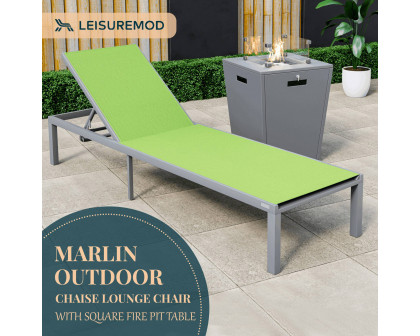 LeisureMod Marlin Modern Gray Aluminum Outdoor Patio Chaise Lounge Chair with Square Fire Pit Side Table - Green