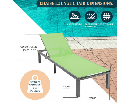 LeisureMod Marlin Modern Gray Aluminum Outdoor Patio Chaise Lounge Chair with Square Fire Pit Side Table - Green