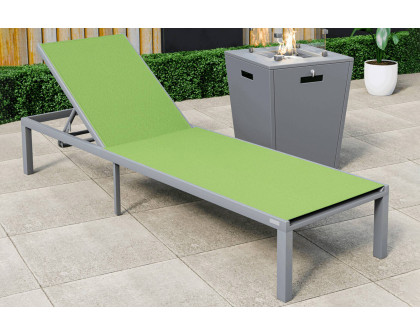 LeisureMod Marlin Modern Gray Aluminum Outdoor Patio Chaise Lounge Chair with Square Fire Pit Side Table - Green