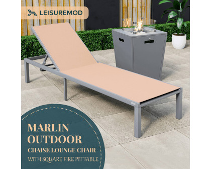 LeisureMod Marlin Modern Gray Aluminum Outdoor Patio Chaise Lounge Chair with Square Fire Pit Side Table - Light Brown