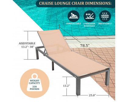 LeisureMod Marlin Modern Gray Aluminum Outdoor Patio Chaise Lounge Chair with Square Fire Pit Side Table - Light Brown