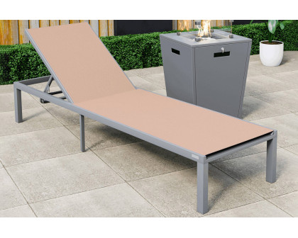 LeisureMod Marlin Modern Gray Aluminum Outdoor Patio Chaise Lounge Chair with Square Fire Pit Side Table - Light Brown