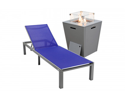 LeisureMod Marlin Modern Black Aluminum Outdoor Patio Chaise Lounge Chair with Square Fire Pit Side Table