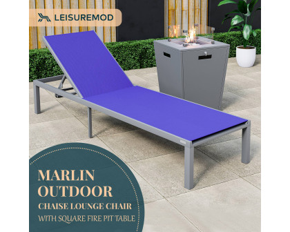 LeisureMod Marlin Modern Gray Aluminum Outdoor Patio Chaise Lounge Chair with Square Fire Pit Side Table - Navy Blue