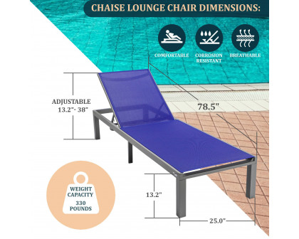 LeisureMod Marlin Modern Gray Aluminum Outdoor Patio Chaise Lounge Chair with Square Fire Pit Side Table - Navy Blue