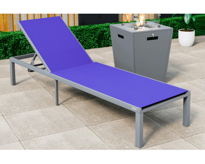 LeisureMod Marlin Modern Gray Aluminum Outdoor Patio Chaise Lounge Chair with Square Fire Pit Side Table - Navy Blue