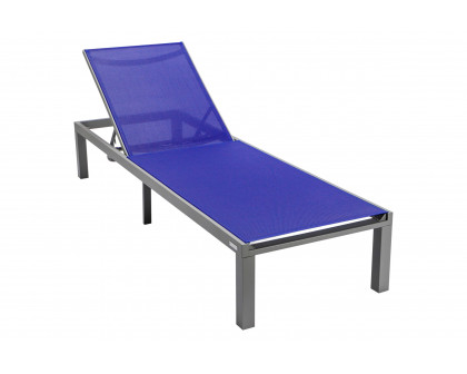 LeisureMod Marlin Modern Gray Aluminum Outdoor Patio Chaise Lounge Chair with Square Fire Pit Side Table - Navy Blue