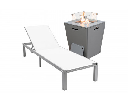 LeisureMod Marlin Modern Black Aluminum Outdoor Patio Chaise Lounge Chair with Square Fire Pit Side Table