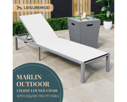 LeisureMod Marlin Modern Gray Aluminum Outdoor Patio Chaise Lounge Chair with Square Fire Pit Side Table - White