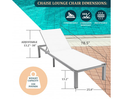 LeisureMod Marlin Modern Gray Aluminum Outdoor Patio Chaise Lounge Chair with Square Fire Pit Side Table - White