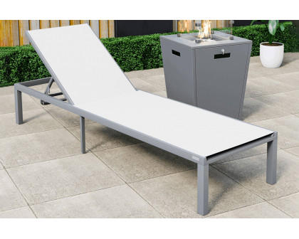 LeisureMod Marlin Modern Gray Aluminum Outdoor Patio Chaise Lounge Chair with Square Fire Pit Side Table - White