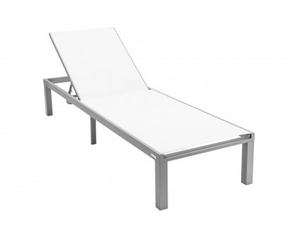 LeisureMod Marlin Modern Gray Aluminum Outdoor Patio Chaise Lounge Chair with Square Fire Pit Side Table - White