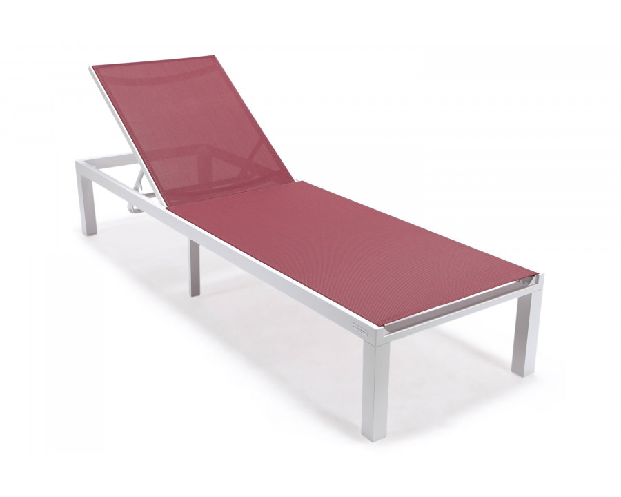 LeisureMod Marlin Patio Chaise Lounge Chair With White Aluminum Frame - Burgundy