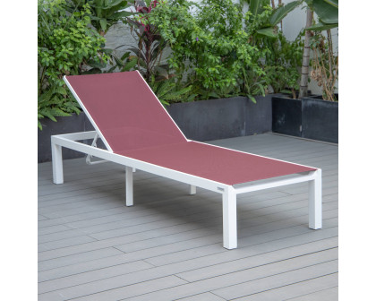 LeisureMod Marlin Patio Chaise Lounge Chair With White Aluminum Frame - Burgundy