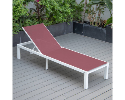 LeisureMod Marlin Patio Chaise Lounge Chair With White Aluminum Frame - Burgundy