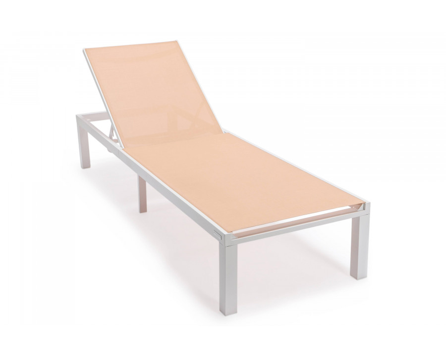 LeisureMod Marlin Patio Chaise Lounge Chair With White Aluminum Frame - Light Brown