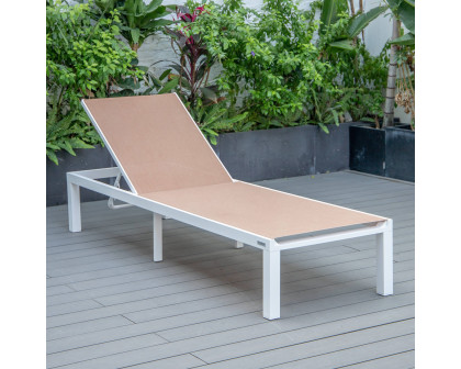 LeisureMod Marlin Patio Chaise Lounge Chair With White Aluminum Frame - Light Brown