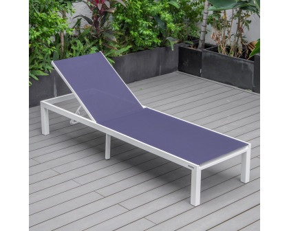 LeisureMod Marlin Patio Chaise Lounge Chair With White Aluminum Frame - Navy Blue