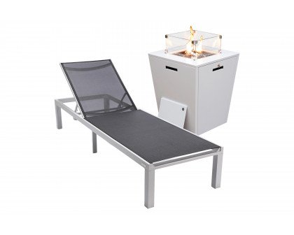 LeisureMod Marlin Modern Black Aluminum Outdoor Patio Chaise Lounge Chair with Square Fire Pit Side Table