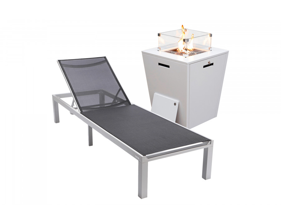 LeisureMod Marlin Modern White Aluminum Outdoor Patio Chaise Lounge Chair with Square Fire Pit Side Table - Black