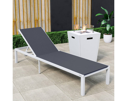 LeisureMod Marlin Modern White Aluminum Outdoor Patio Chaise Lounge Chair with Square Fire Pit Side Table - Black