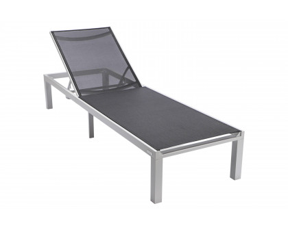 LeisureMod Marlin Modern White Aluminum Outdoor Patio Chaise Lounge Chair with Square Fire Pit Side Table - Black