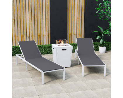 LeisureMod Marlin Modern White Aluminum Outdoor Chaise Lounge Chair With Square Fire Pit Side Table Set of 2 - Black