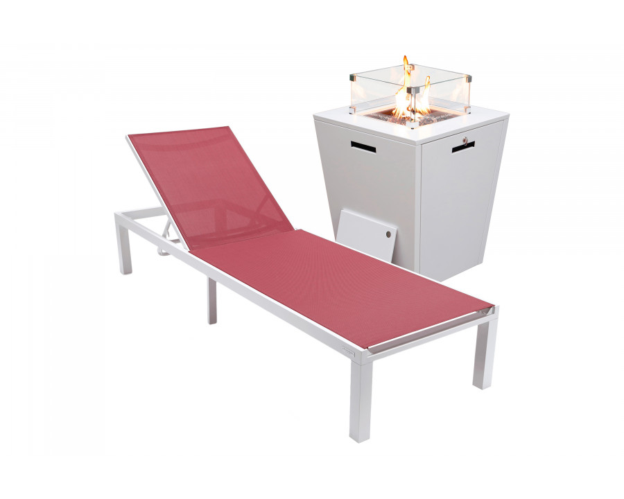 LeisureMod Marlin Modern White Aluminum Outdoor Patio Chaise Lounge Chair with Square Fire Pit Side Table - Burgundy