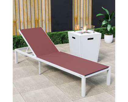 LeisureMod Marlin Modern White Aluminum Outdoor Patio Chaise Lounge Chair with Square Fire Pit Side Table - Burgundy