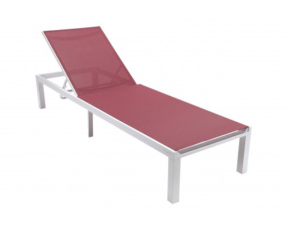 LeisureMod Marlin Modern White Aluminum Outdoor Patio Chaise Lounge Chair with Square Fire Pit Side Table - Burgundy