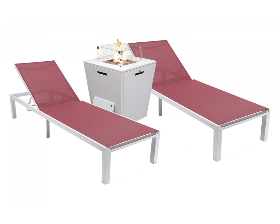 LeisureMod Marlin Modern White Aluminum Outdoor Chaise Lounge Chair With Square Fire Pit Side Table Set of 2 - Burgundy