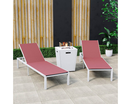 LeisureMod Marlin Modern White Aluminum Outdoor Chaise Lounge Chair With Square Fire Pit Side Table Set of 2 - Burgundy