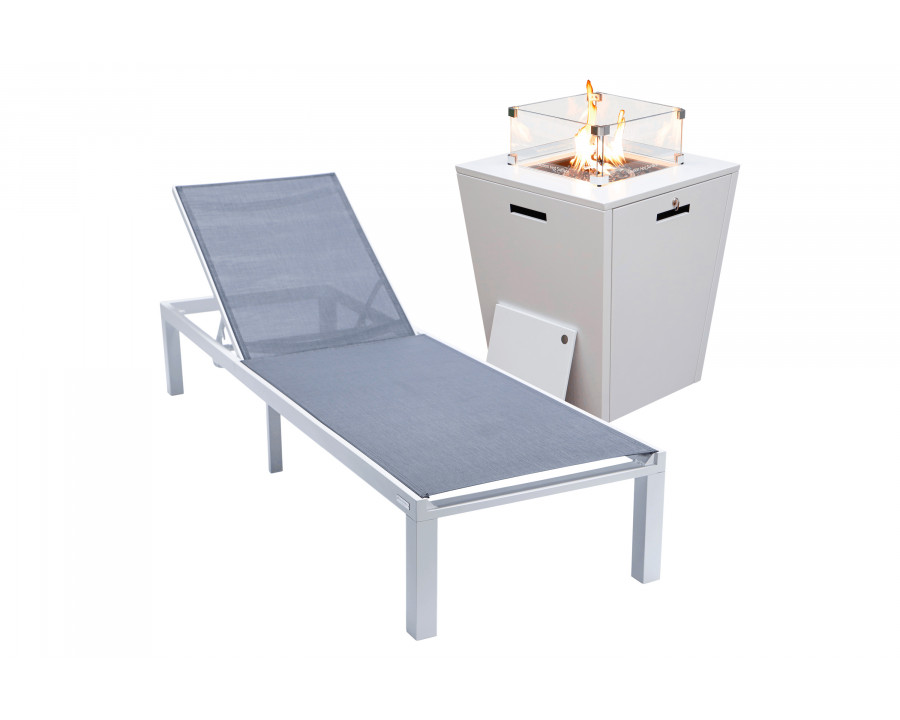 LeisureMod Marlin Modern White Aluminum Outdoor Patio Chaise Lounge Chair with Square Fire Pit Side Table - Dark Gray