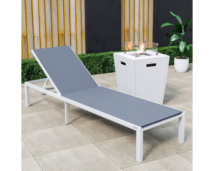 LeisureMod Marlin Modern White Aluminum Outdoor Patio Chaise Lounge Chair with Square Fire Pit Side Table - Dark Gray