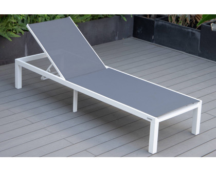 LeisureMod Marlin Modern White Aluminum Outdoor Patio Chaise Lounge Chair with Square Fire Pit Side Table - Dark Gray